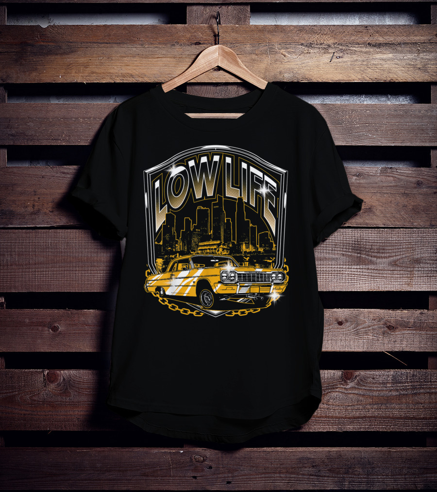 Lowrider Classic Car Low Life Skyline Scene T-Shirt