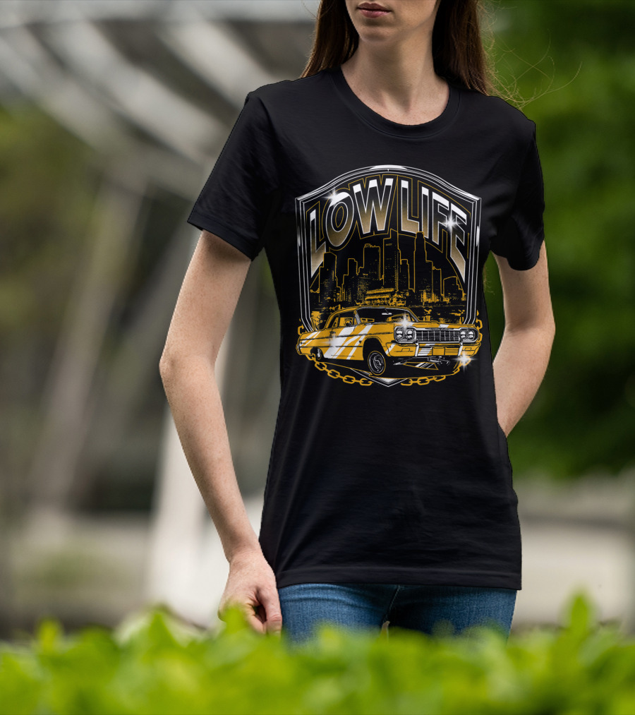 Lowrider Classic Car Low Life Skyline Scene T-Shirt