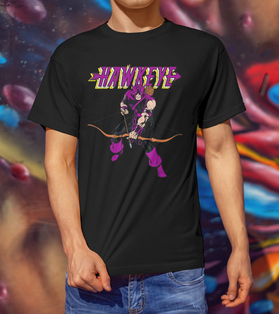 Marvel Hawkeye Classic Purple Pose Drawing Bow And Arrow T-Shirt