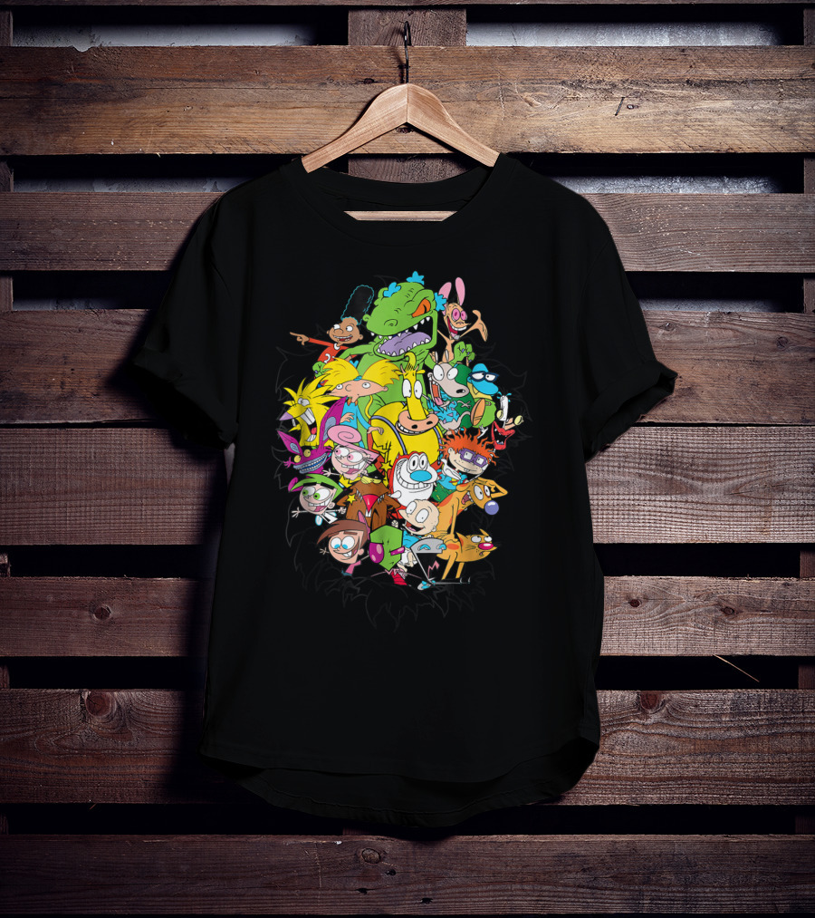 Nickelodeon Classic Characters Rugrats Hey Arnold Rocko's Modern Life Ren And Stimpy CatDog Fairly OddParents All Real Monsters Explosion T-Shirt