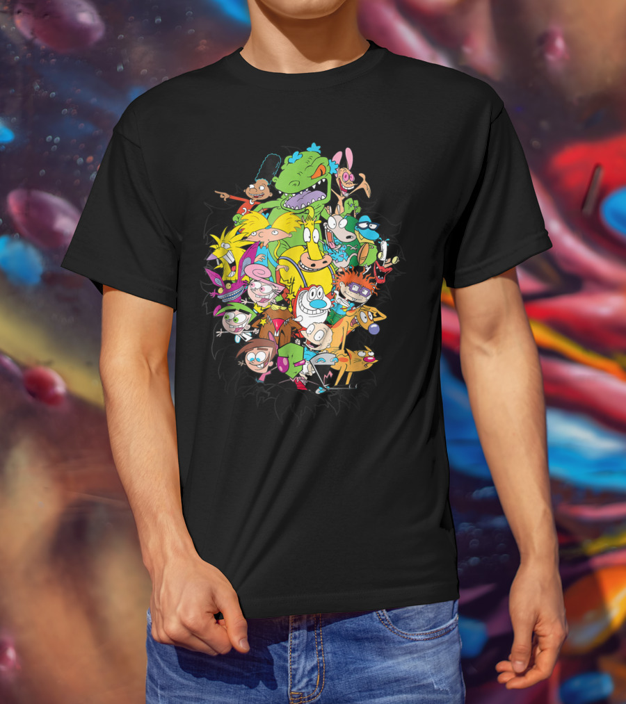 Nickelodeon Classic Characters Rugrats Hey Arnold Rocko's Modern Life Ren And Stimpy CatDog Fairly OddParents All Real Monsters Explosion T-Shirt