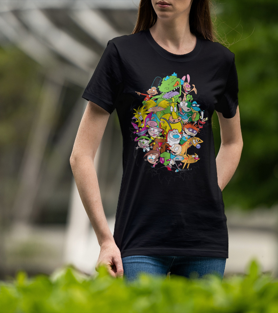 Nickelodeon Classic Characters Rugrats Hey Arnold Rocko's Modern Life Ren And Stimpy CatDog Fairly OddParents All Real Monsters Explosion T-Shirt