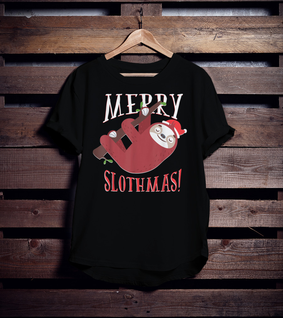 Merry Slothmas Santa Hat Sloth Holiday Greeting T-Shirt