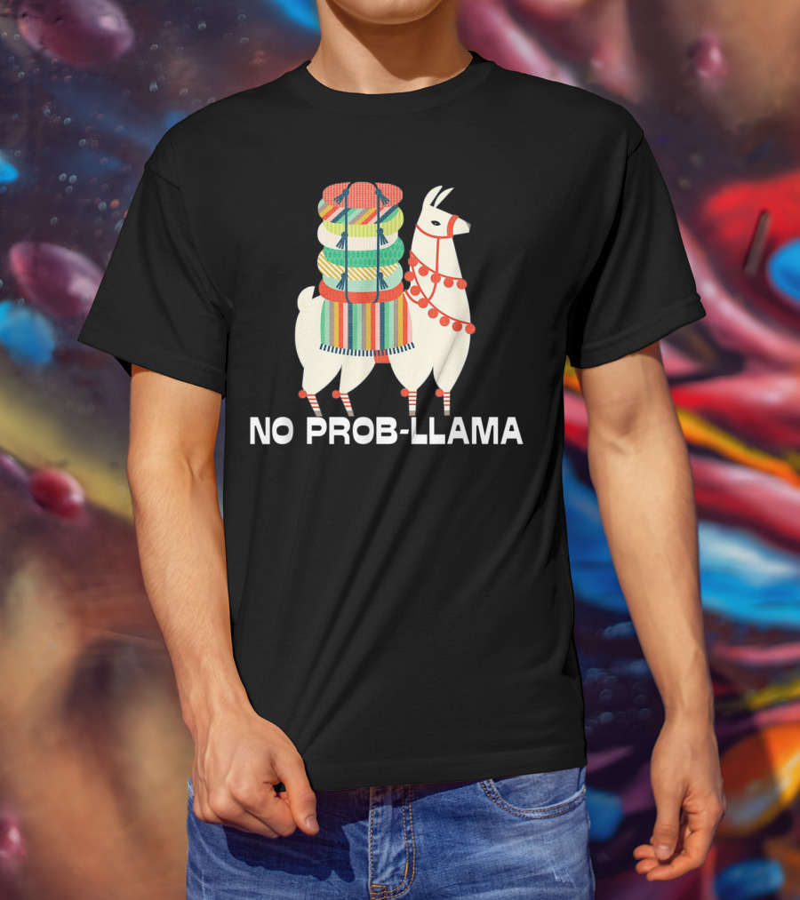 No Prob-Llama Cute Llama Alpaca Lover With Colorful Blanket T-Shirt