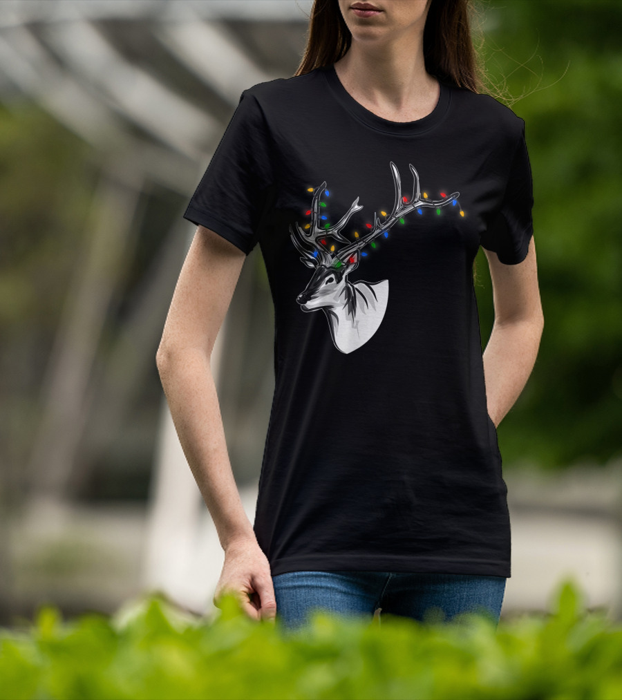 Reindeer With Colorful Christmas Lights On Antlers Funny Animal T-Shirt