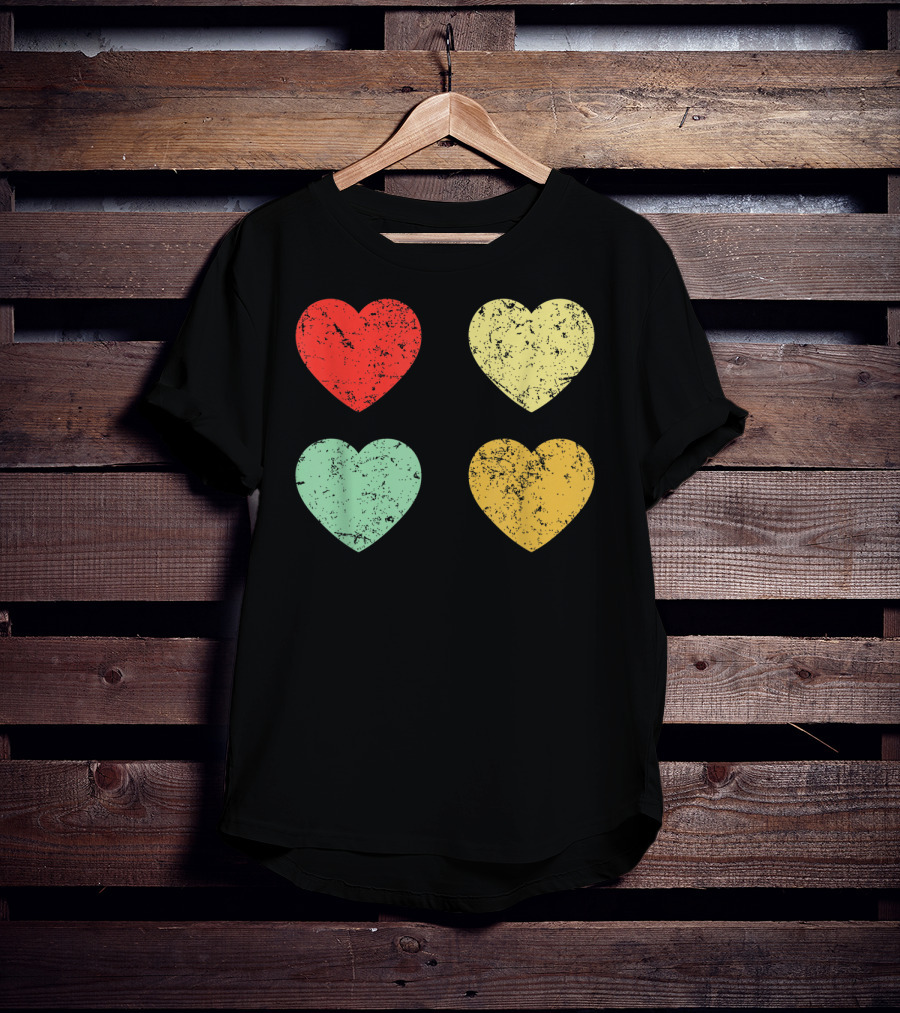 Retro Vintage Hearts Valentines Day Four Colorful Grunge Hearts T-Shirt