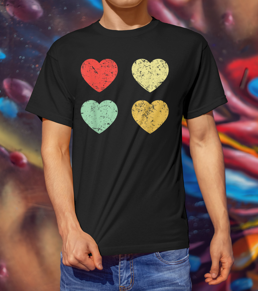 Retro Vintage Hearts Valentines Day Four Colorful Grunge Hearts T-Shirt