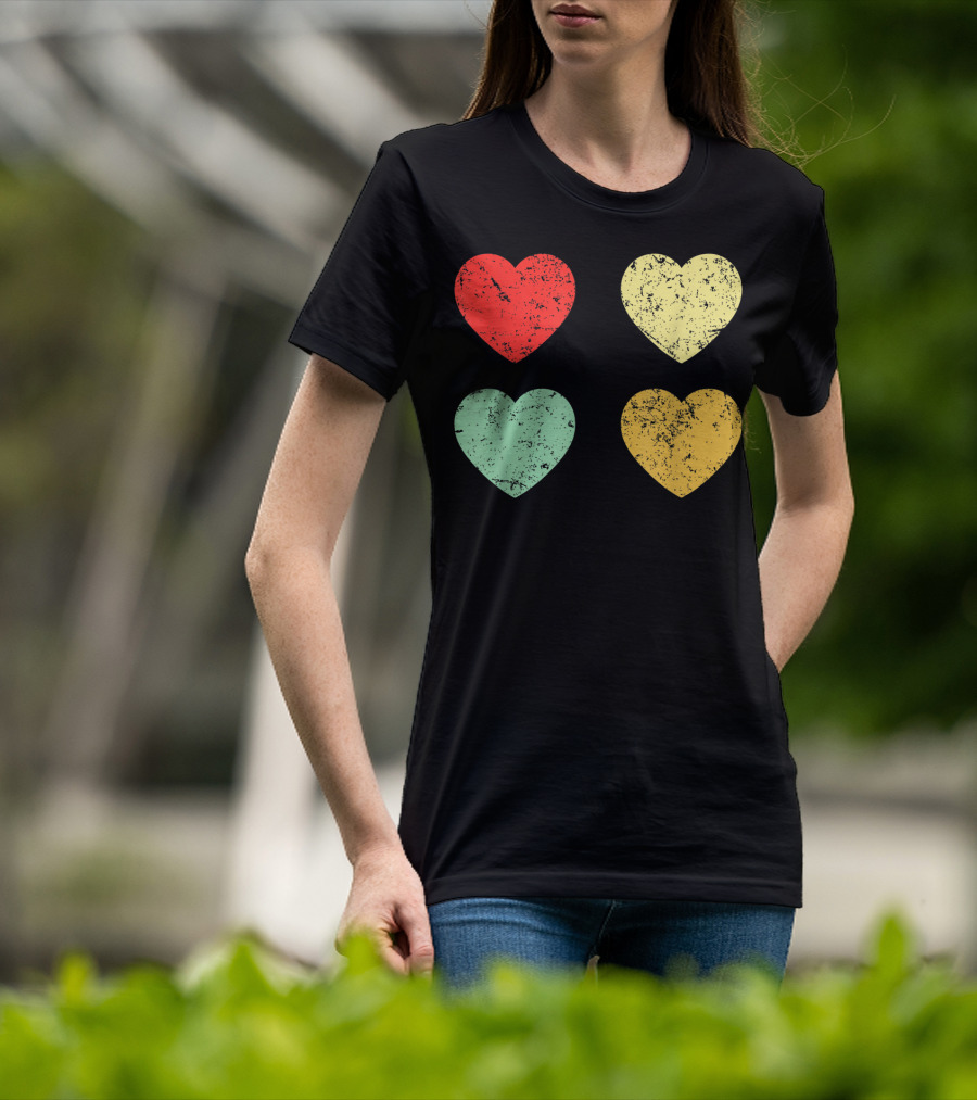 Retro Vintage Hearts Valentines Day Four Colorful Grunge Hearts T-Shirt