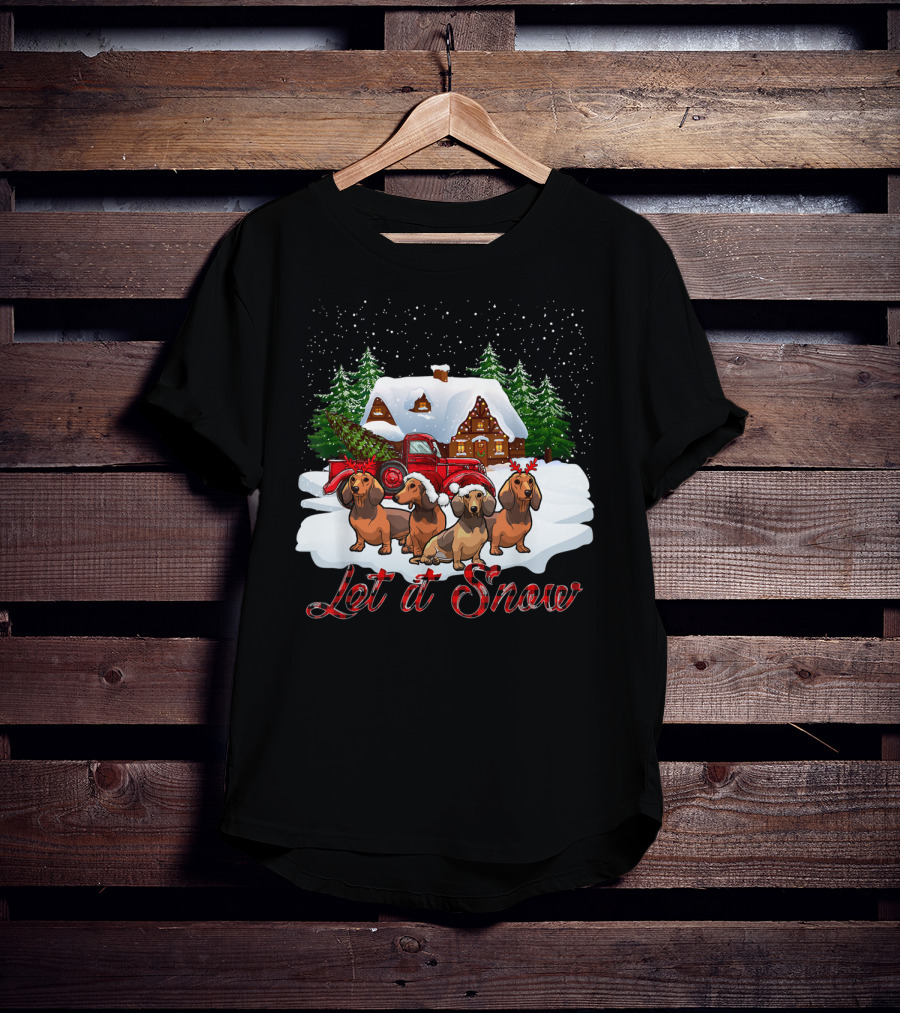 Santa Dachshund Let It Snow With Snowy Cabin And Red Truck T-Shirt