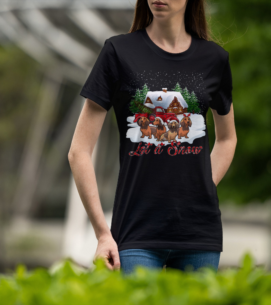 Santa Dachshund Let It Snow With Snowy Cabin And Red Truck T-Shirt