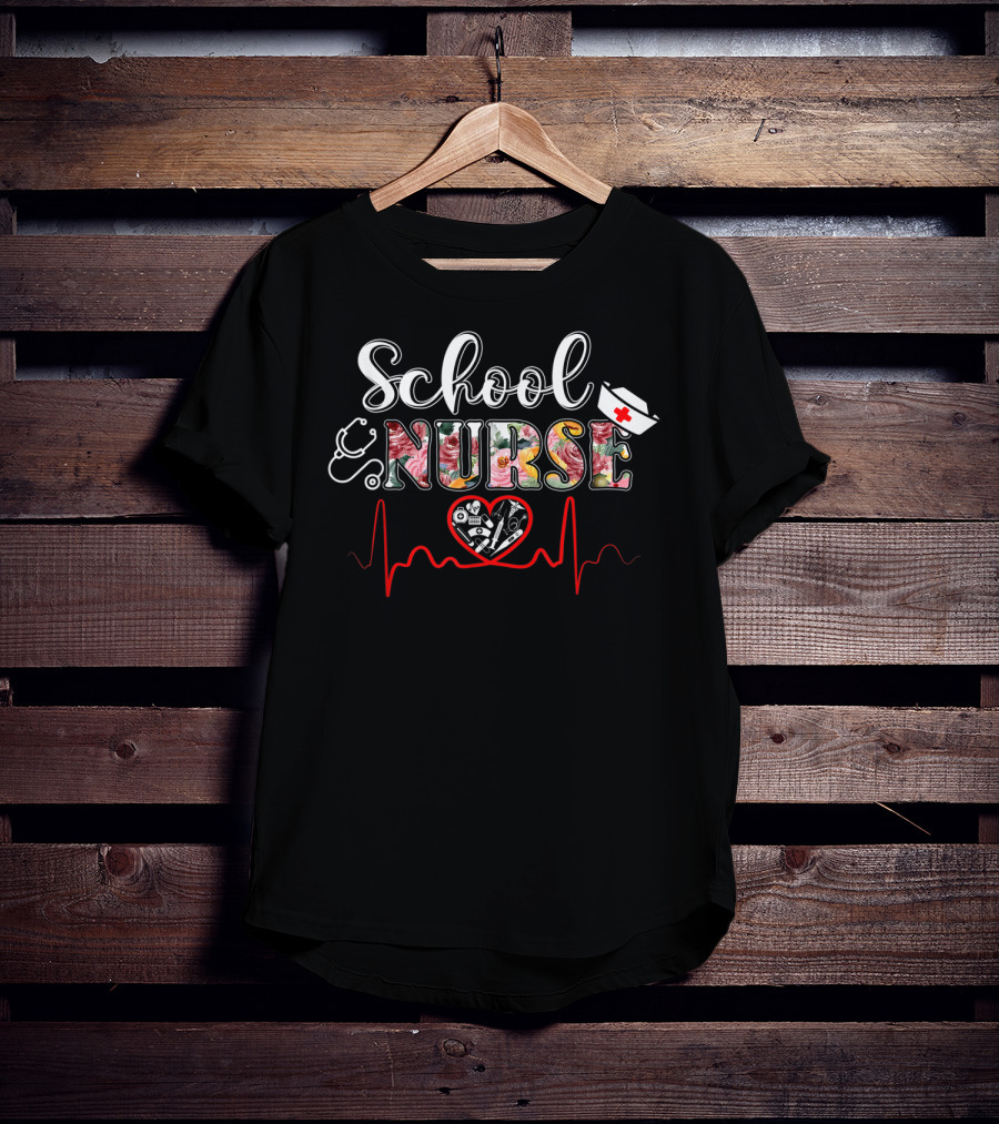 School Nurse Heartbeat Stethoscope Flower T-Shirt