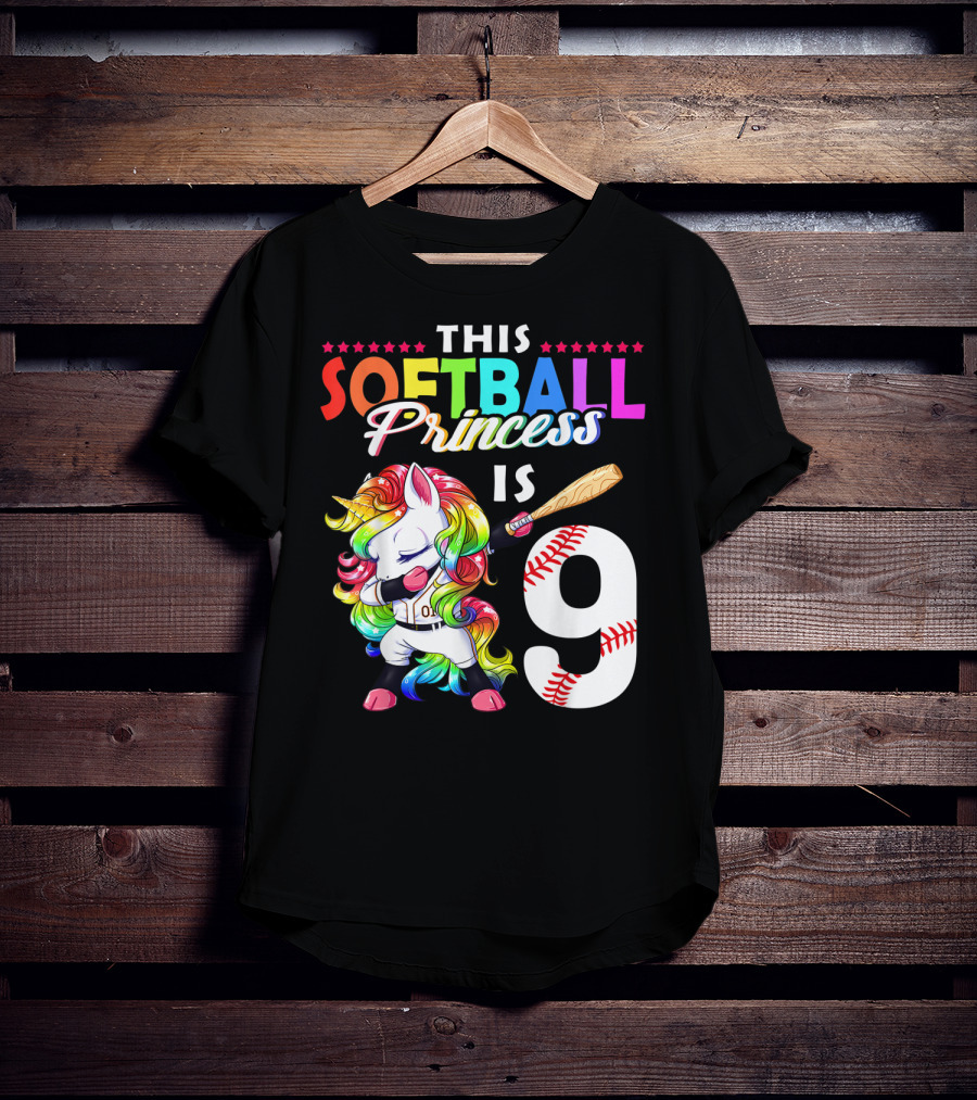 This Softball Princess Is 9 Unicorn Birthday Rainbow Bat T-Shirt