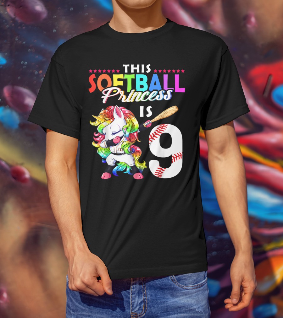 This Softball Princess Is 9 Unicorn Birthday Rainbow Bat T-Shirt