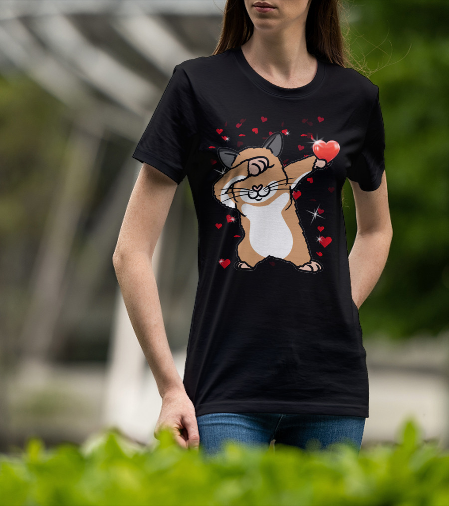 Valentine Girls Cute Dabbing Hamster With Heart And Sparkling Red Hearts T-Shirt