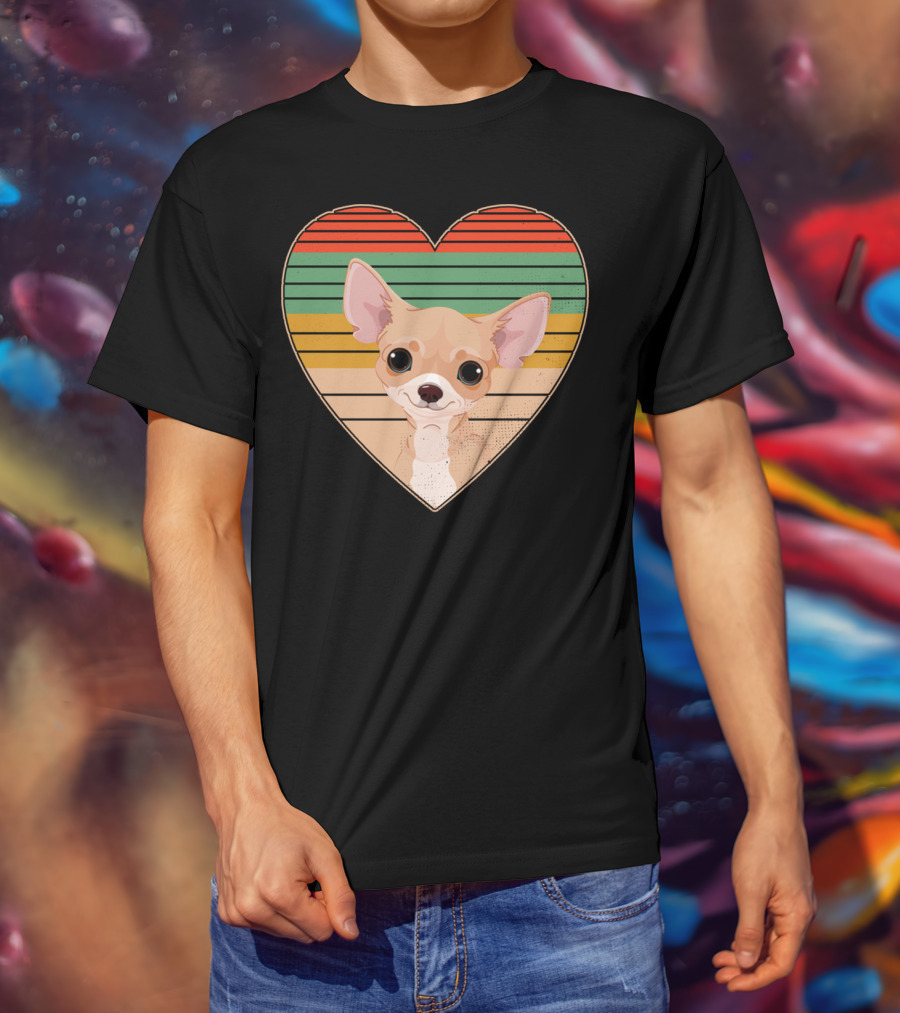Vintage Chihuahua Heart Striped Retro Heart-Shaped T-Shirt