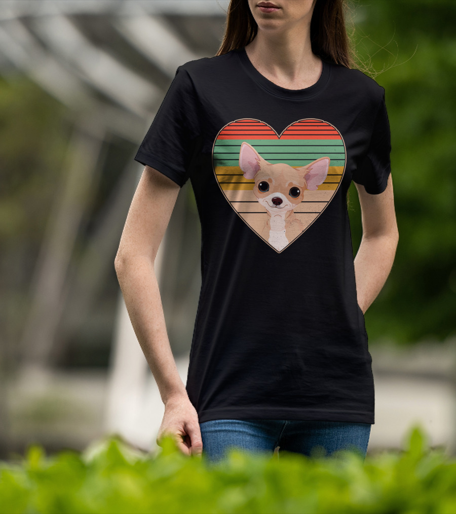 Vintage Chihuahua Heart Striped Retro Heart-Shaped T-Shirt