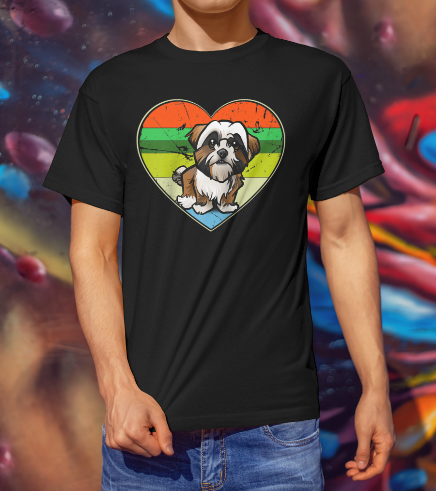 Vintage Heart Rainbow Shih Tzu Dog Valentine T-Shirt