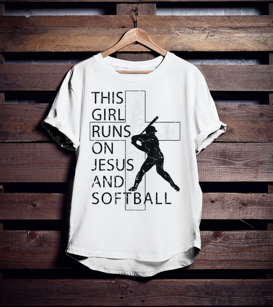This Girl Runs On Jesus And Softball Silhouette With Cross T-Shirt