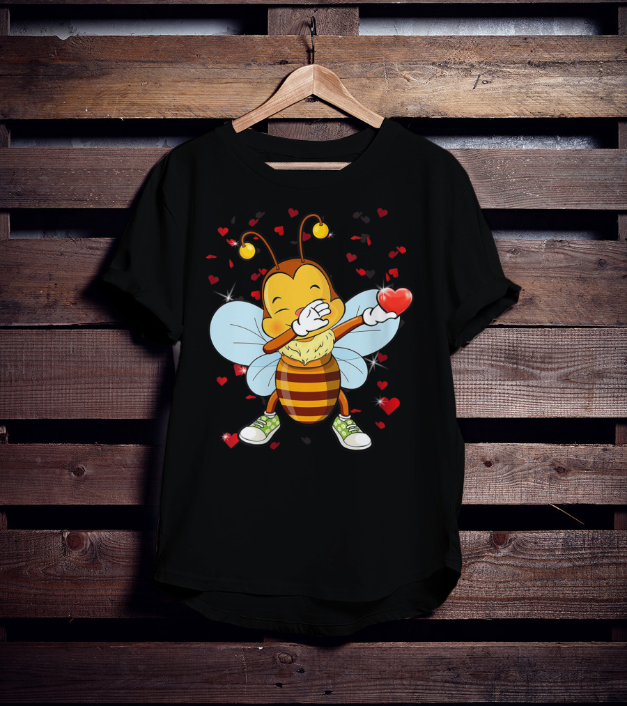 Valentine Bee Dabbing Holding Heart Surrounded By Hearts And Stars T-Shirt
