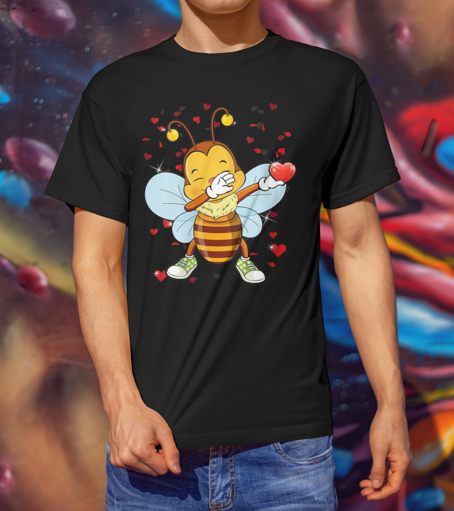 Valentine Bee Dabbing Holding Heart Surrounded By Hearts And Stars T-Shirt
