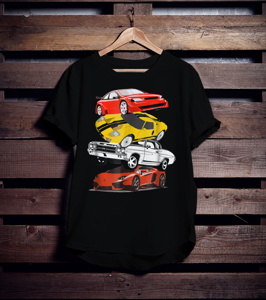 Funny Classic Cars Stacked Red Yellow Black White Racing Cars T-Shirt