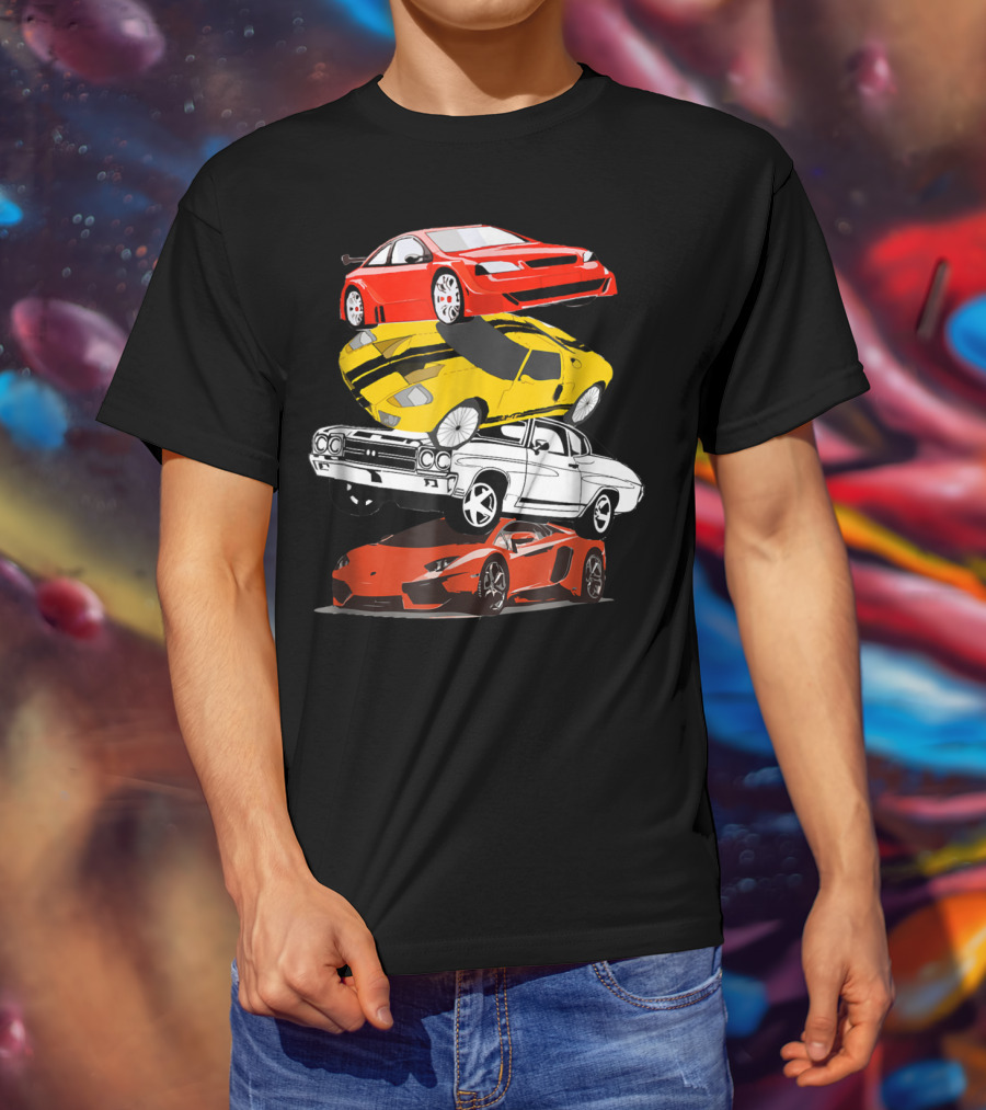 Funny Classic Cars Stacked Red Yellow Black White Racing Cars T-Shirt