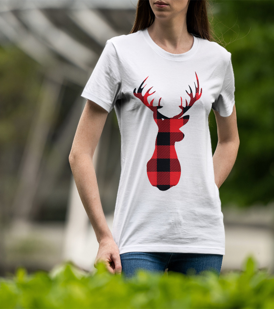 Buffalo Plaid Red Black Christmas Deer T-Shirt