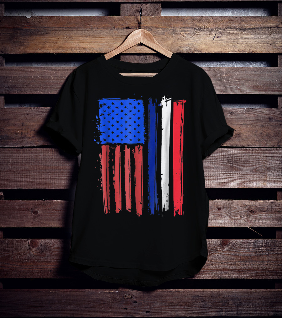 Half French American Flag Classic Patriot Stars And Stripes Paint T-Shirt