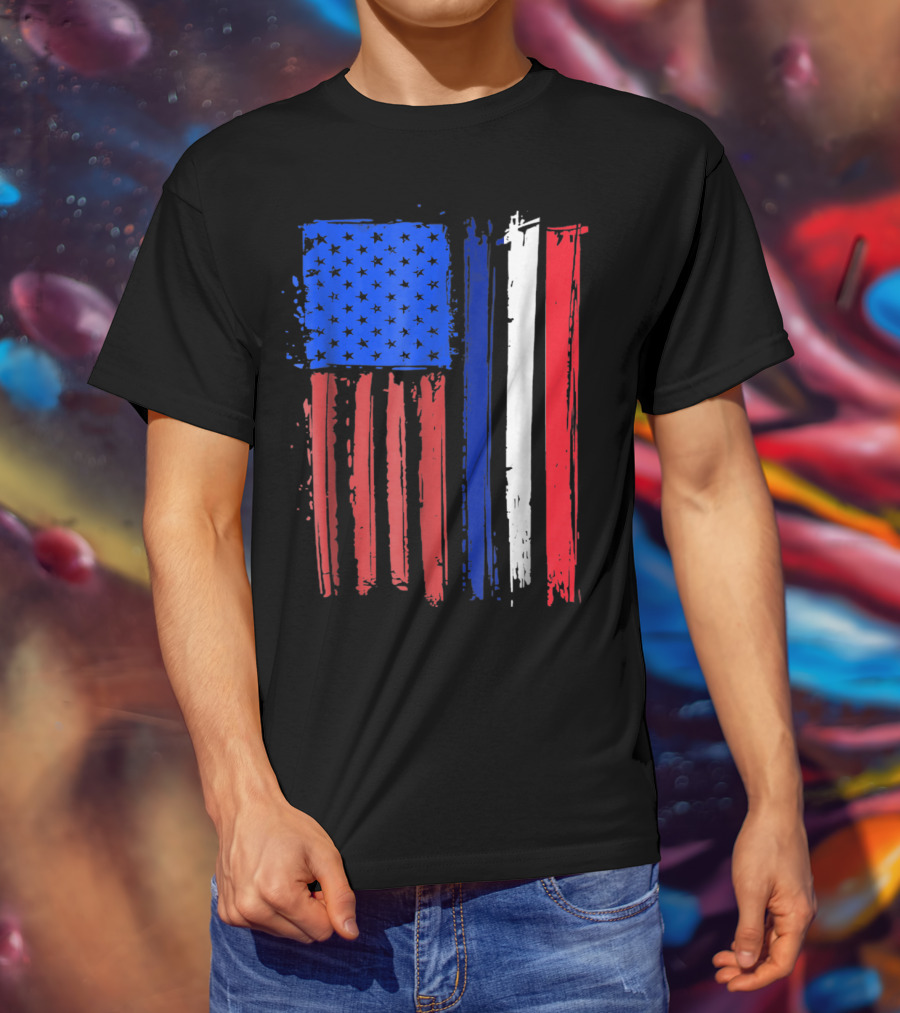 Half French American Flag Classic Patriot Stars And Stripes Paint T-Shirt