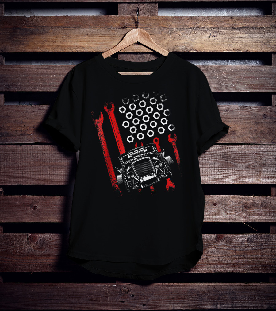 Hot Rod Life Classic Car Slammed Truck Fathers American Wrench Flag T-Shirt
