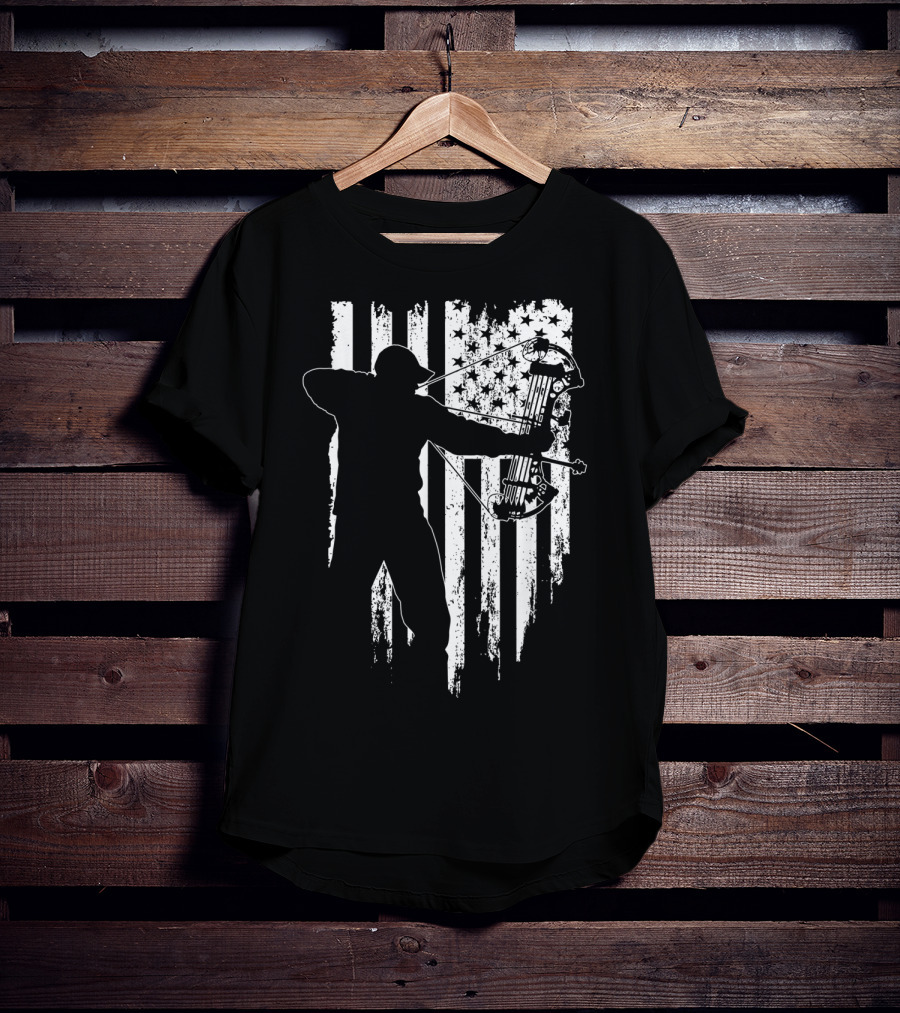 American Patriotic Archer Silhouette With Compound Bow And Flag T-Shirt