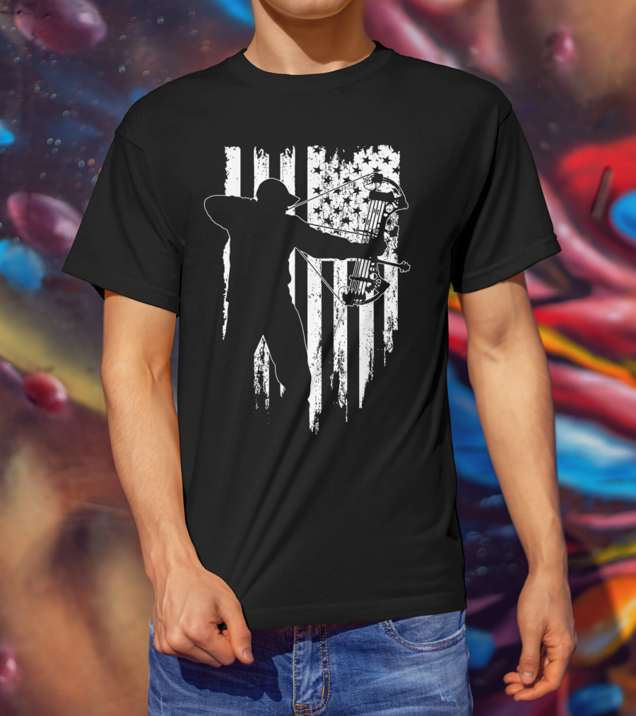 American Patriotic Archer Silhouette With Compound Bow And Flag T-Shirt