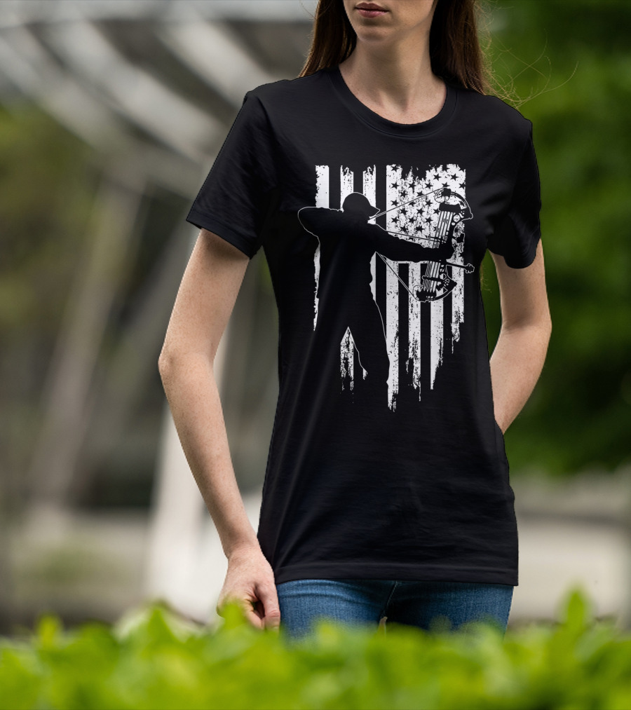 American Patriotic Archer Silhouette With Compound Bow And Flag T-Shirt
