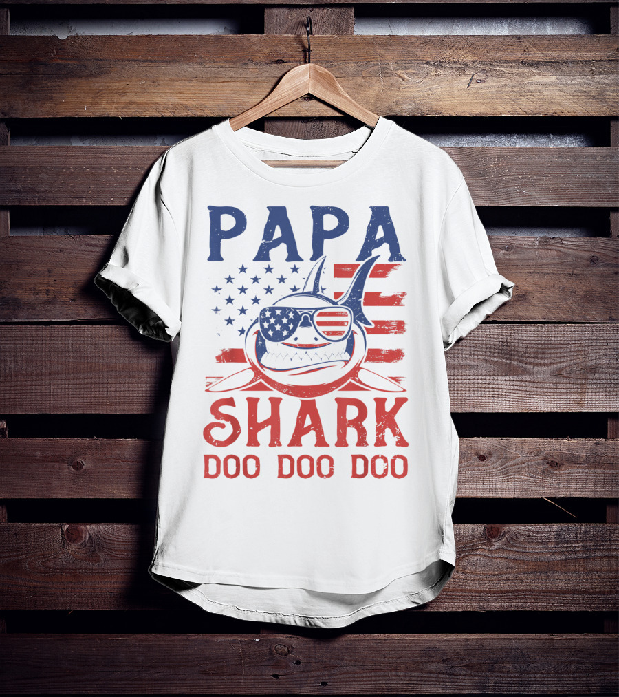 Papa Shark Doo Doo Doo American Flag Sunglasses T-Shirt