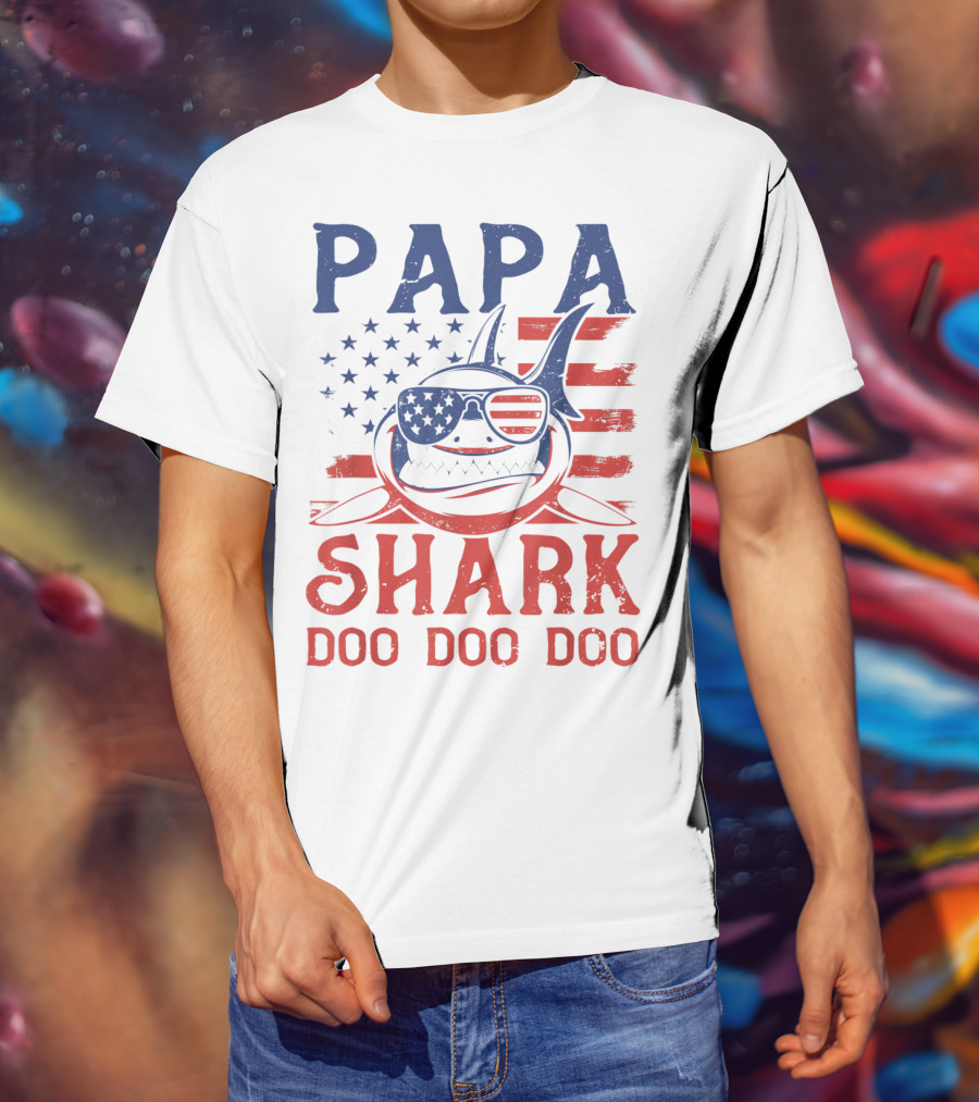 Papa Shark Doo Doo Doo American Flag Sunglasses T-Shirt