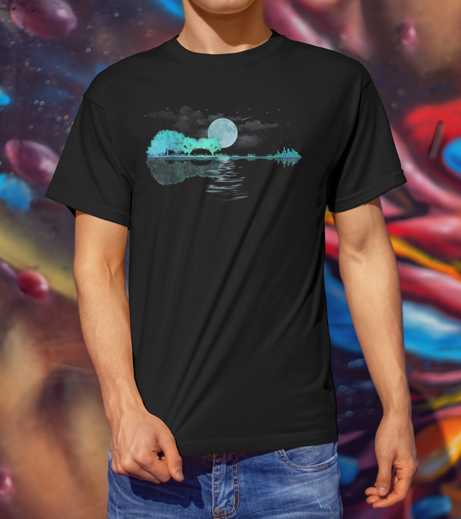 Acoustic Guitar Player Birthday Moonlit Lake Scene T-Shirt