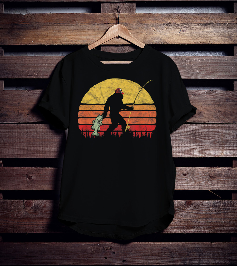 Bigfoot Bass Fishing Legend In Trucker Hat With Sunset T-Shirt