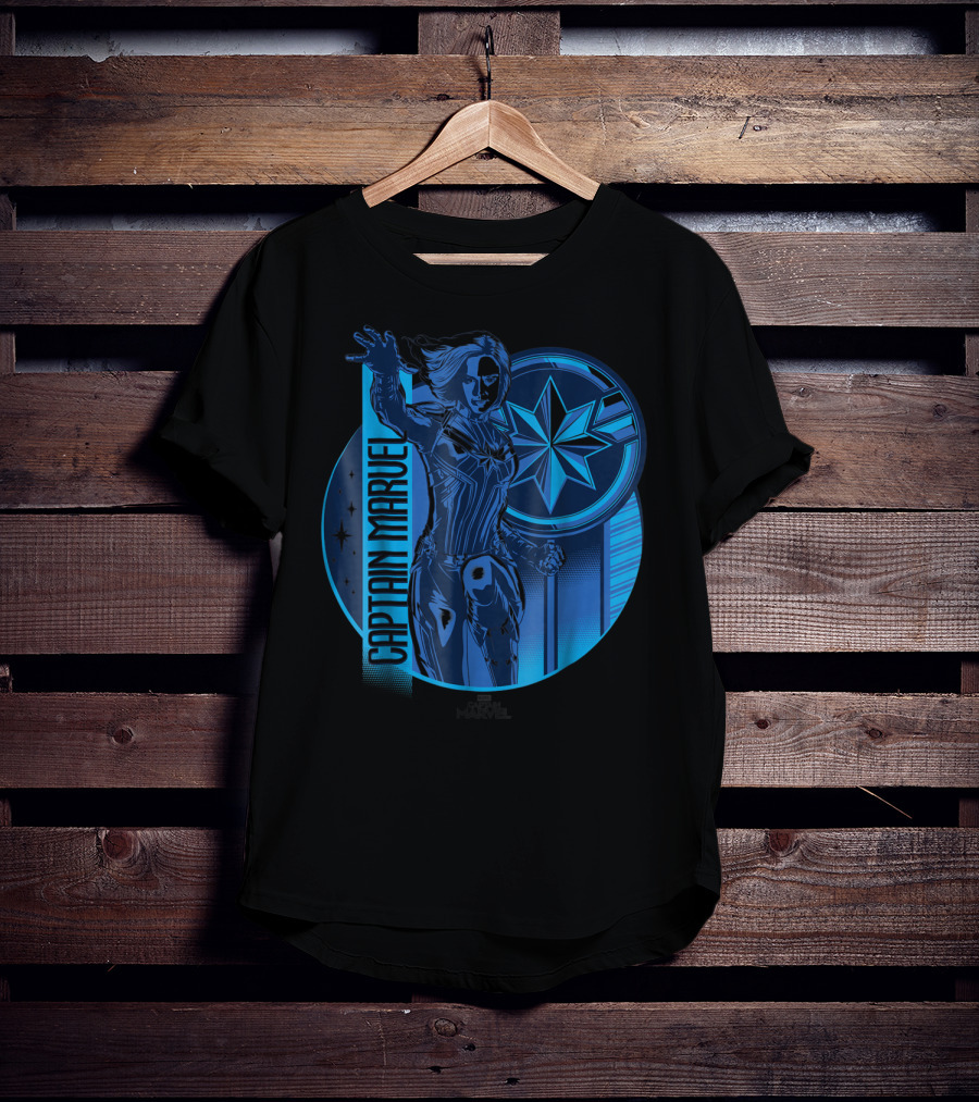 Captain Marvel Reflective Blue Circle Starburst Emblem T-Shirt