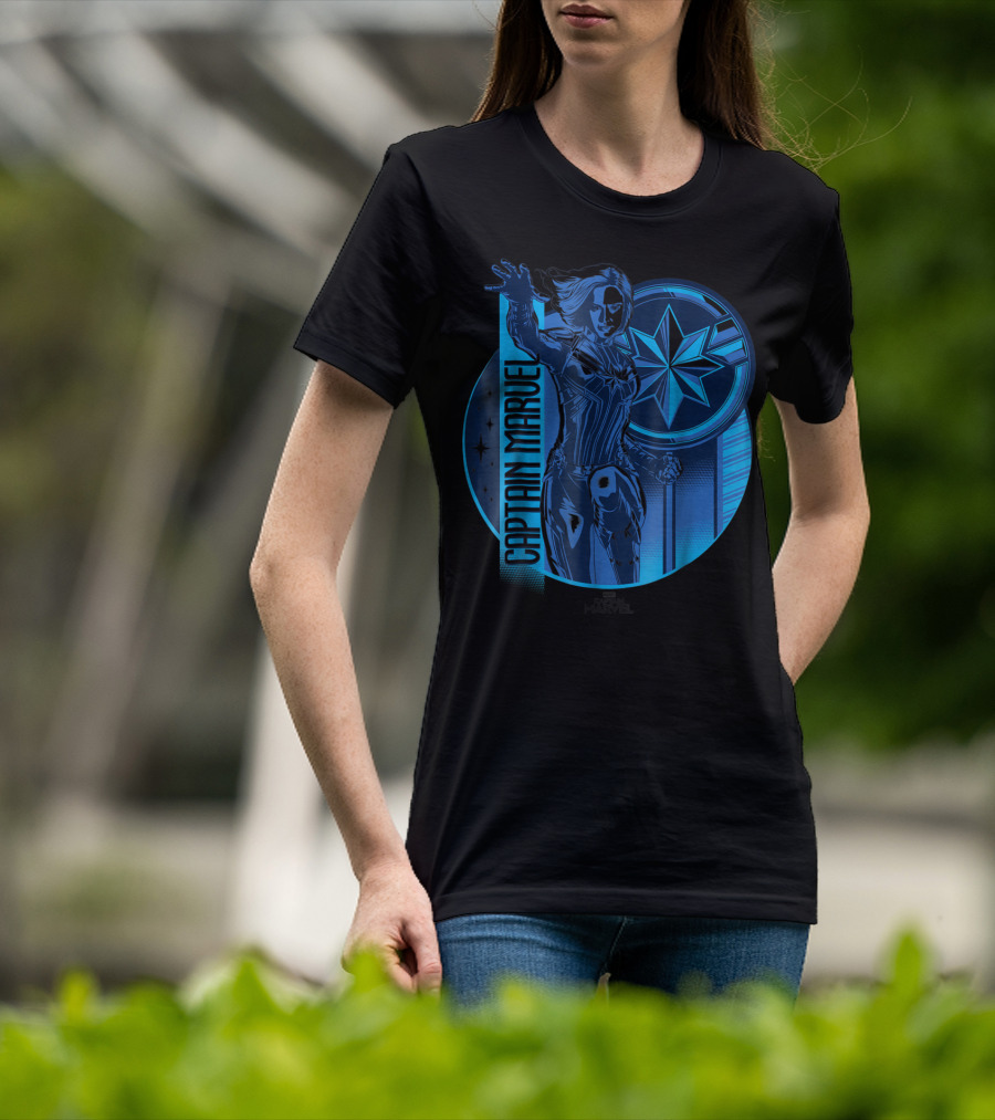 Captain Marvel Reflective Blue Circle Starburst Emblem T-Shirt