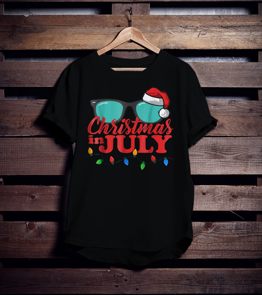 Christmas In July Santa Hat Sunglasses Summer Lights T-Shirt