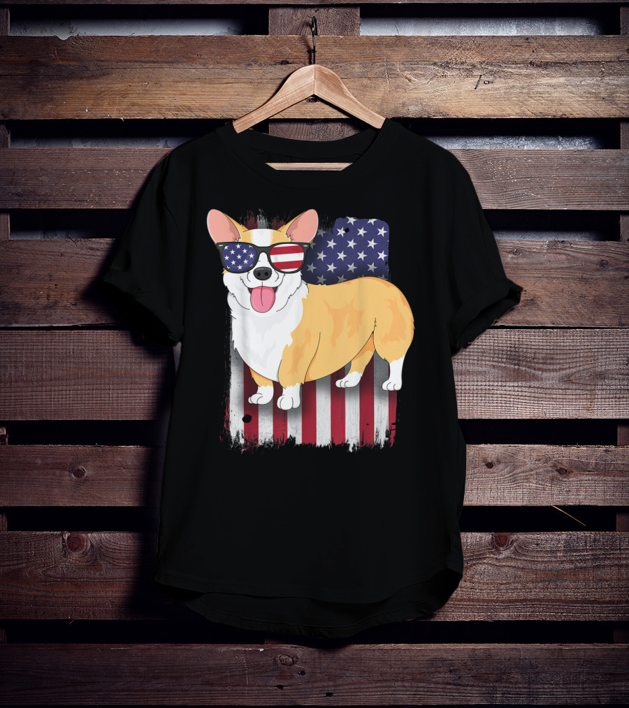 Corgi With Sunglasses American Flag Background T-Shirt