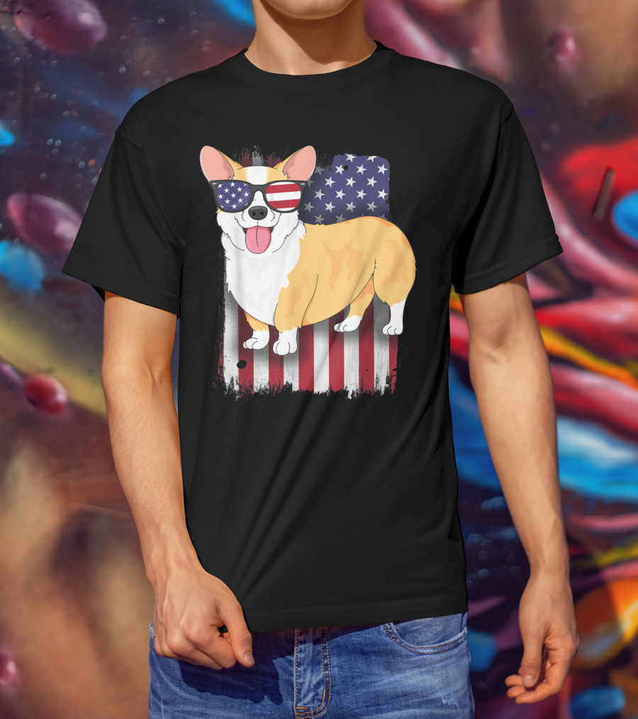 Corgi With Sunglasses American Flag Background T-Shirt