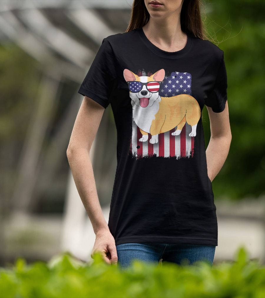 Corgi With Sunglasses American Flag Background T-Shirt