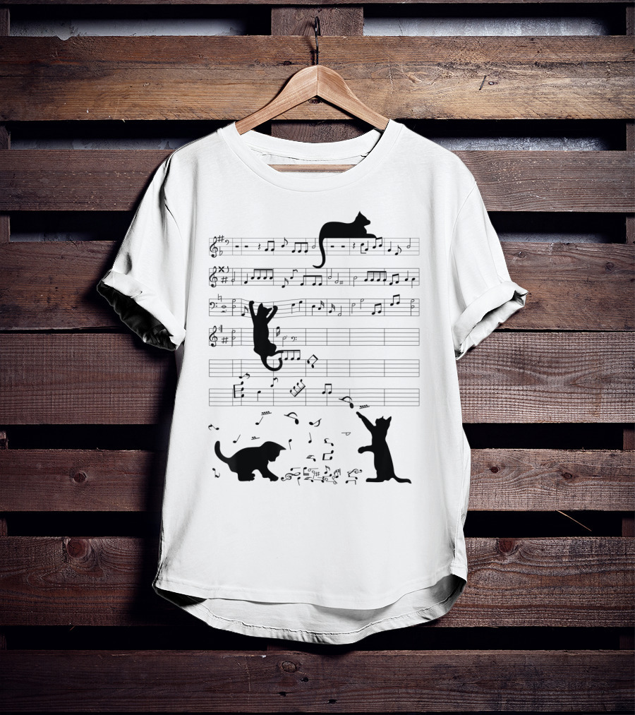 Cute Cat Kitty Climbing And Sitting With Music Notes And Clef T-Shirt