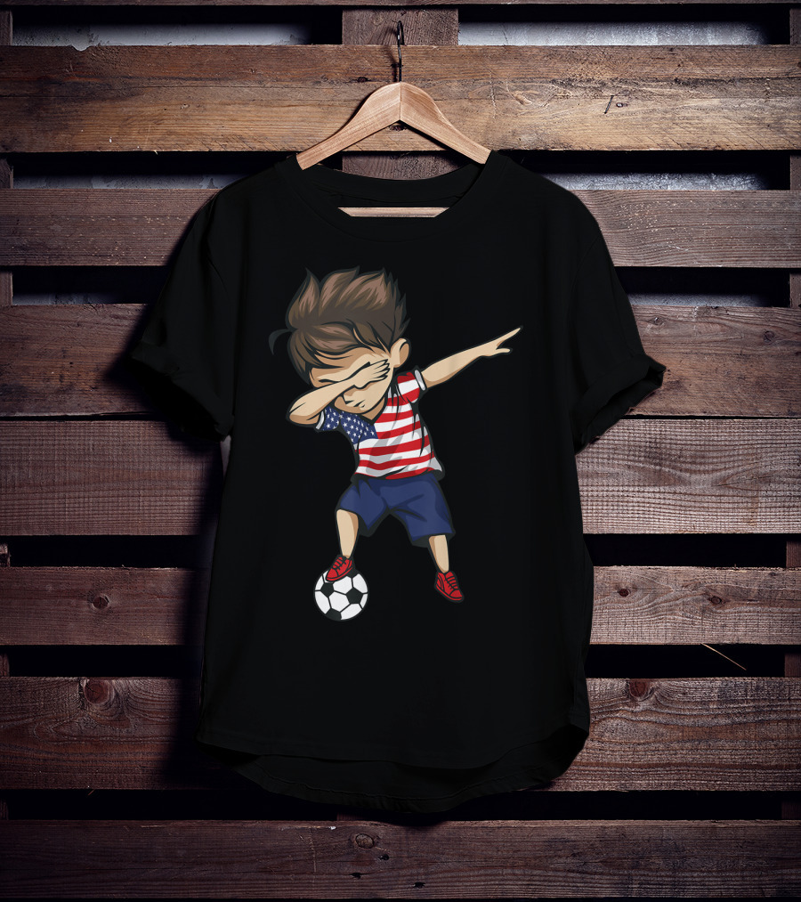 Dabbing Soccer Boy In American Flag Jersey With Soccer Ball T-Shirt