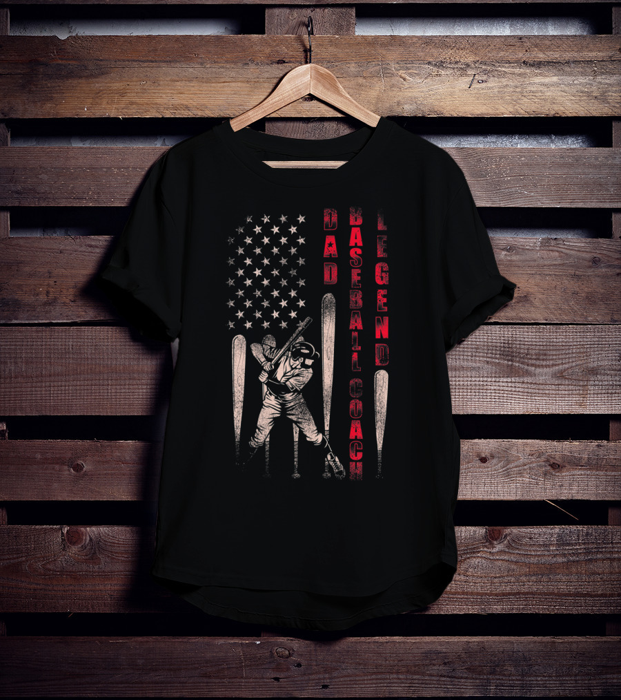 Dad Baseball Coach Legend American Flag Patriotic Batter T-Shirt