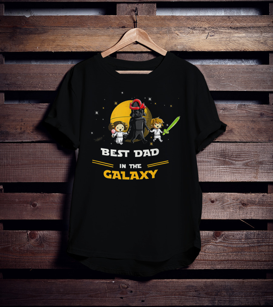 Father Daughter And Son Best Dad In The Galaxy Star Wars Parody With Dark Helmet And Green Lightsaber T-Shirt