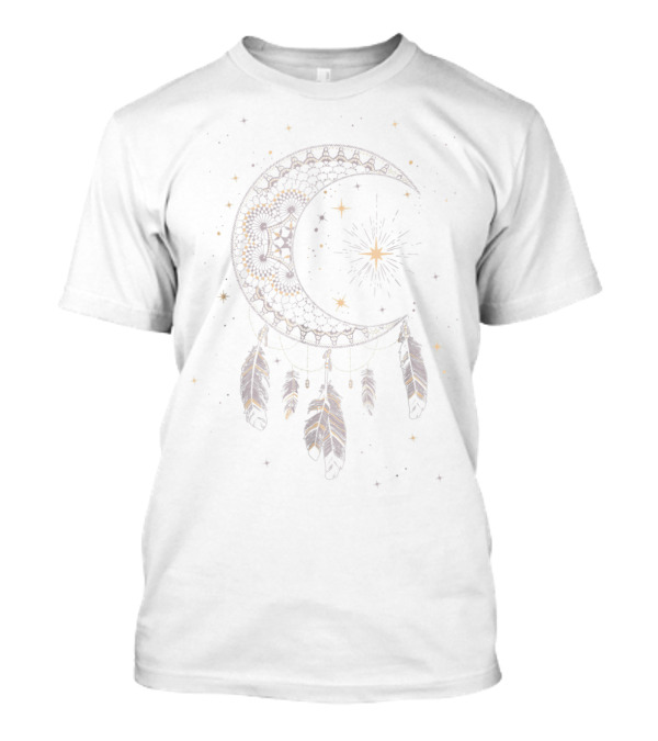 Dream Catcher Crescent Moon With Stars And Feathers Boho T-Shirt
