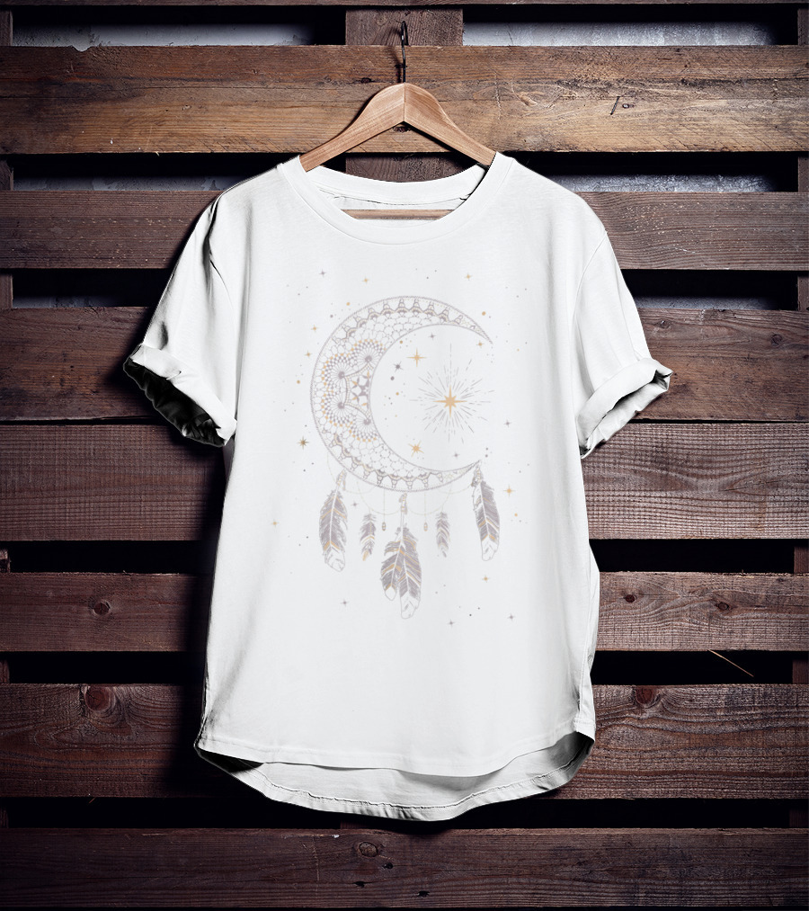 Dream Catcher Crescent Moon With Stars And Feathers Boho T-Shirt