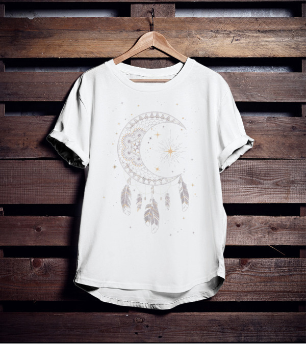 Dream Catcher Crescent Moon With Stars And Feathers Boho T-Shirt